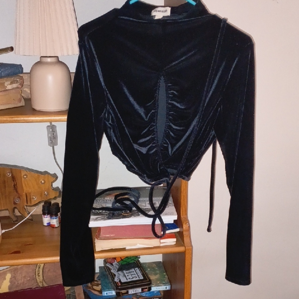 Open Edit Black Velvet Ruched Open Front Wrap Around Tie Waist Blouse